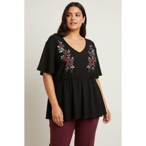 BLOOM Chic Plus Size 22 Black Embroidered Floral V Neck Peplum Top